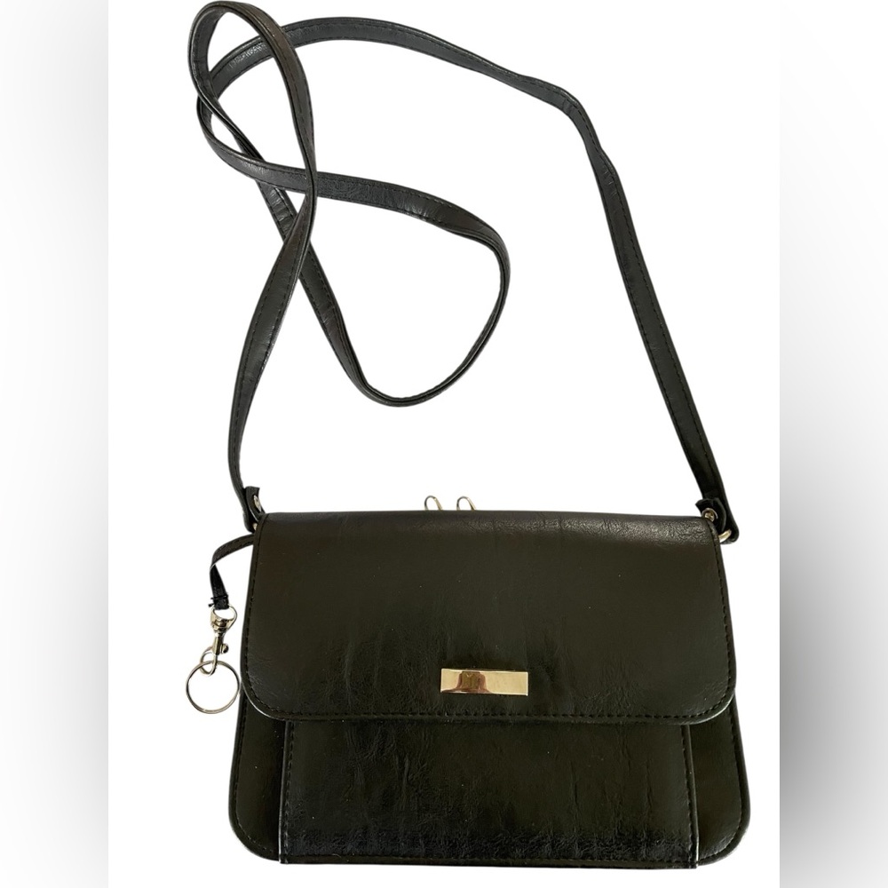 BLACK FAUX LEATHER ORGANIZER CROSSBODY BAG with Built-in Mirror & Card Slots
